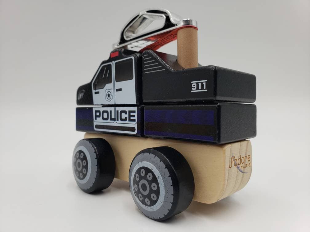J'adore Paris Police pickup truck building block puzzle sensory learning natural wood toy car